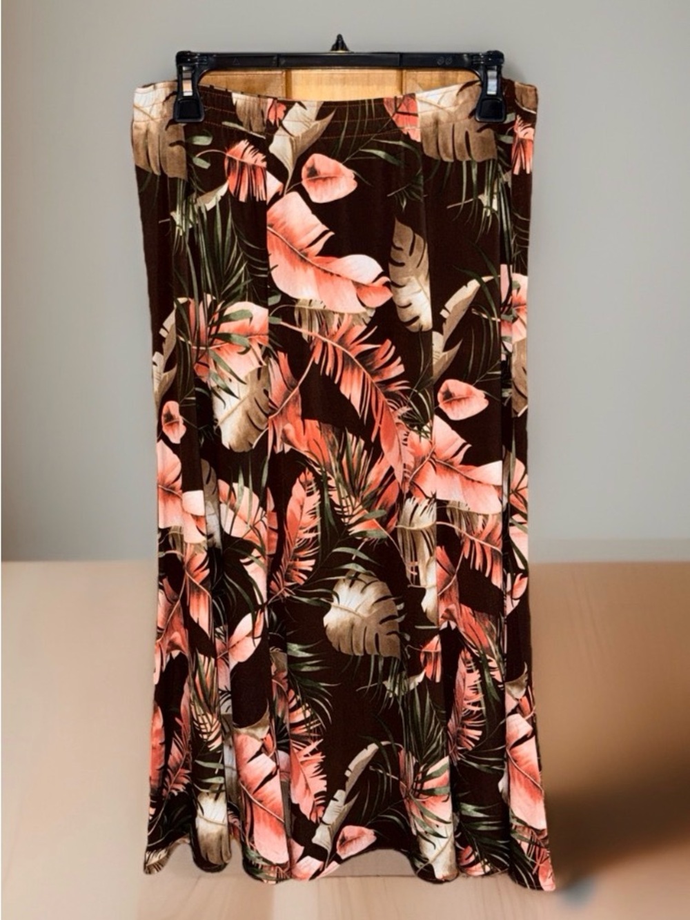 Southern Lady Brown Maxi Skirt with Coral and Cream Tropical Print